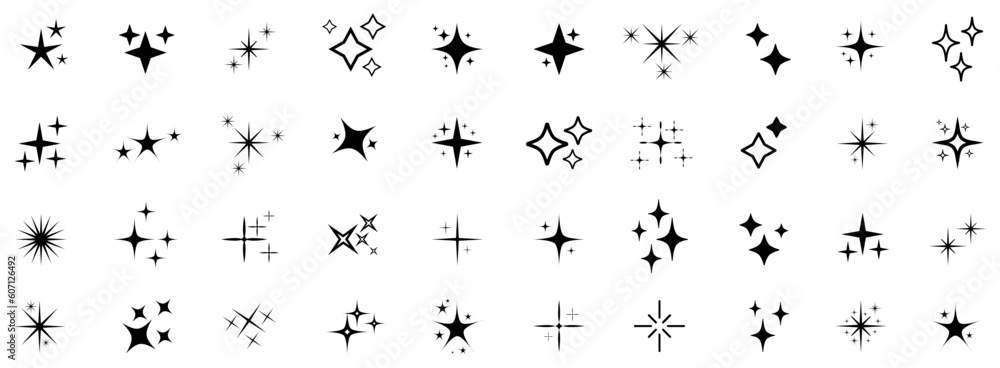 Wall mural stars set icons logo, social media stories icon, different sparkle star shapes icon collection, shin
