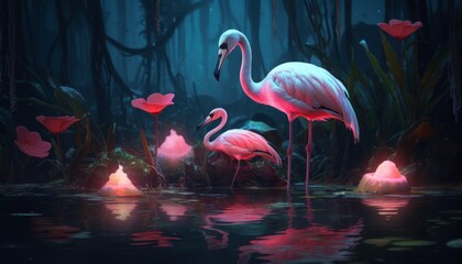 Two pink flamingos in love on a blooming pond. A pair of beautiful birds near the lake. Created with AI.