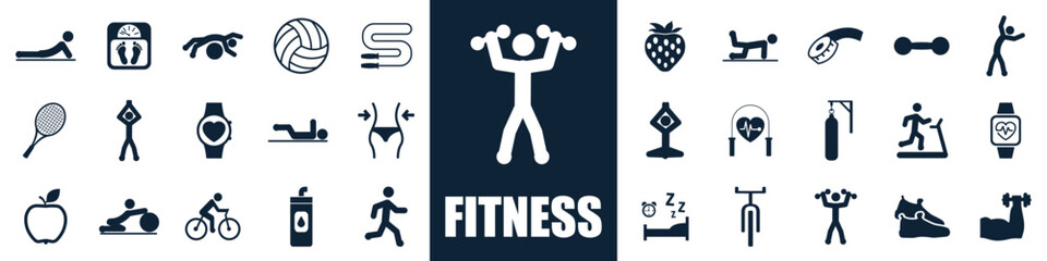 Fitness set isolated icons, fitness exercise, yoga workout training signs – stock vector - obrazy, fototapety, plakaty
