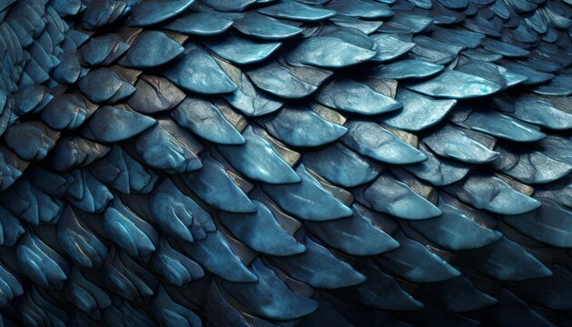 Texture of dragon scales. Metal scales 3D graphics. Ancient blue scales crafted in AI.