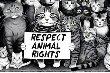 Cats protesting for more animal rights. Respect animal rights. A group of cat activists. Generative AI