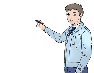 ホワイトボードマーカーで字を書いて説明する現場監督