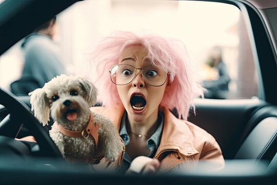 Frightened young woman with pink hair and open mouth holds a fluffy dog in front of her while riding in car in passenger seat, created with Generative AI