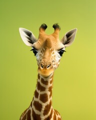 A portrait of an infant giraffe on a green background, an illustration of adorable wild animals, ideal use for banner, advertisement, poster, children's book, wallpaper, decorative
