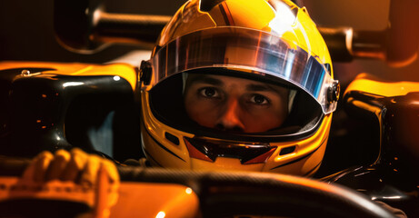 Sports car racing driver concentrated eyes in car cockpit closeup