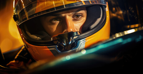 Closeup of a race car driver in cockpit with intense expression