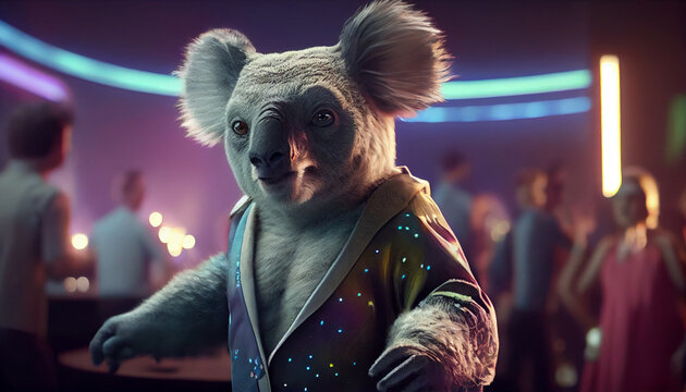 Funky Koala wearing stylish dress and dancing at the disco Ai generated image