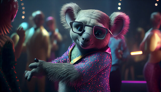 Funky Koala wearing stylish dress and dancing at the disco Ai generated image