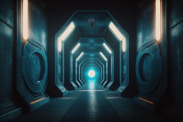 Futuristic underground corridor with colorful lights Generative AI