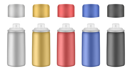 Aluminium tube for hairspray, air freshener container, thermal water spray bottle. Silver, gold, red, blue and black bottles. Realistic cosmetic mockup of aerosol deodorant or dry shampoo