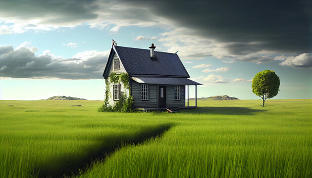 House with a tin roof in middle of a green grass  Ai generated image