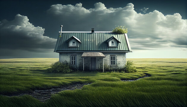 House with a tin roof in middle of a green grass  Ai generated image