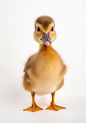 Portrait of a young baby duck in yellow with white studio background, concept of education materials, wallpaper, calendar, children's book
