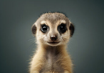Fototapeta premium Closeup ortrait of a young meerkat baby stand on grey background, concept of education materials, wallpaper, calendar, children's book