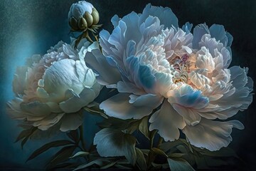 Beautiful peony flowers on a dark background, close-up