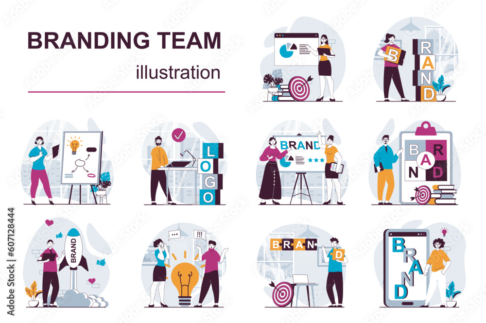 Poster branding team concept with character situations mega set. bundle of scenes people launch brand, crea