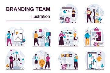 Branding team concept with character situations mega set. Bundle of scenes people launch brand, create logo and identity, making marketing promotional campaign. Vector illustrations in flat web design