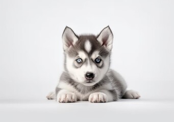 Small, cute young Siberian Husky baby sitting on the floor look into camera with white background