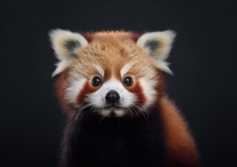 Portrait of Red panda baby with dark background. The lesser panda are impressive acrobats that climb and swing on trees.