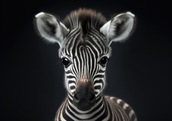 Fototapeta na wymiar Portrait of beautiful, cute young Zebra baby on dark background, Save the animals illustration, environment protection, endangered animals awareness.
