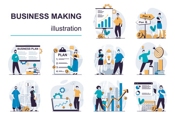 Business making concept with character situations mega set. Bundle of scenes people planning strategy, investing money, developing project and launch company. Vector illustrations in flat web design