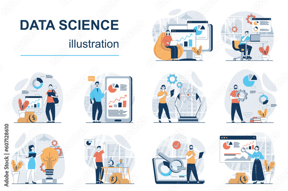 Wall mural data science concept with character situations mega set. bundle of scenes people, making science res