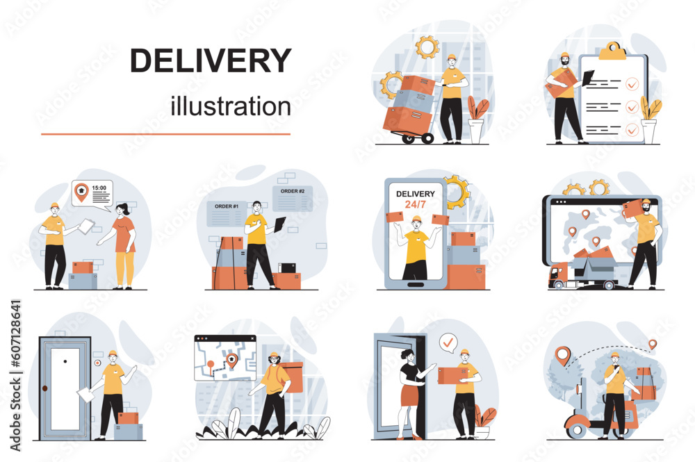 Poster Delivery service concept with character situations mega set. Bundle of scenes people loading boxes at warehouse, delivering parcels to clients, fast shipping. Vector illustrations in flat web design