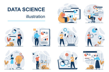 Fototapeta na wymiar Data science concept with character situations mega set. Bundle of scenes people, making science research, working with datum charts, searching information. Vector illustrations in flat web design