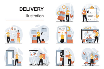 Delivery service concept with character situations mega set. Bundle of scenes people loading boxes at warehouse, delivering parcels to clients, fast shipping. Vector illustrations in flat web design