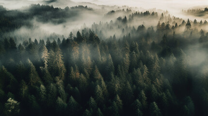 Morning fog in the mountains. AI