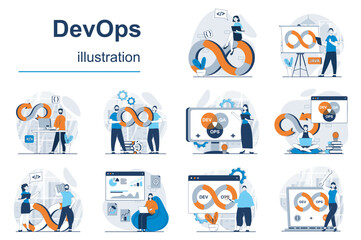 DevOps concept with character situations mega set. Bundle of scenes people working on operations process, programming software, using agile project management. Vector illustrations in flat web design