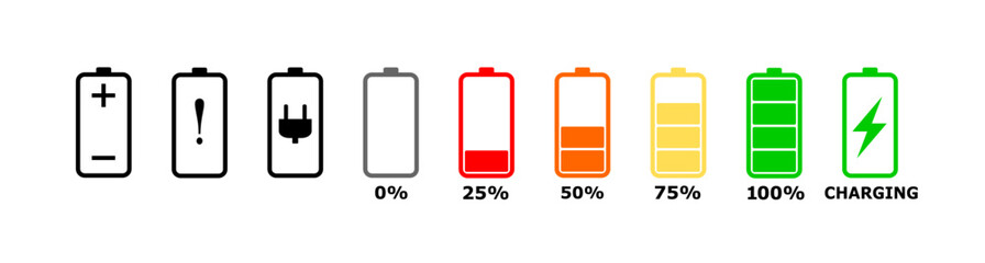 Smartphone Battery status icon. Full charge or low charge sign. Cellphone battery power symbol. Phone battery level indicator symbol. Charging vector sign. 