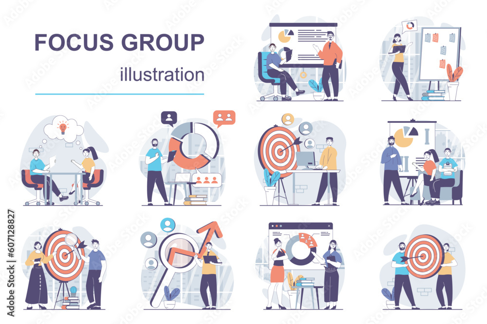 Leinwandbilder focus group concept with character situations mega set. bundle of scenes people collecting data, ana