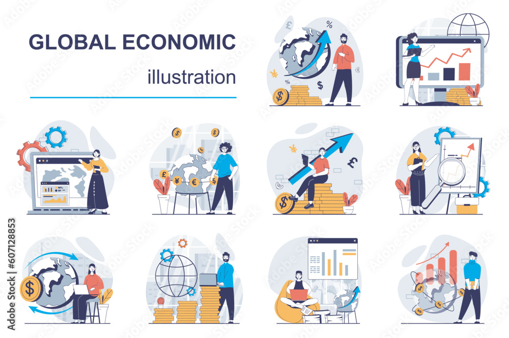 Aufkleber Global economic concept with character situations mega set. Bundle of scenes people analyzing worldwide market trends, making presentation, planning strategy. Vector illustrations in flat web design