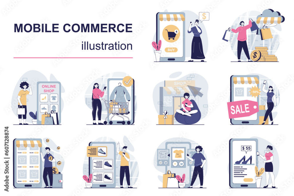 Aufkleber mobile commerce concept with character situations mega set. bundle of scenes people shopping and mak