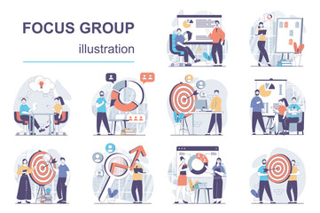 Focus group concept with character situations mega set. Bundle of scenes people collecting data, analyzing market trends, creates targeting to promote business. Vector illustrations in flat web design