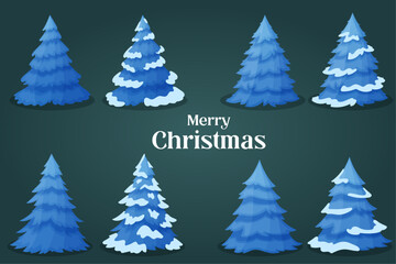 Set of blue Christmas trees, with snow, decorated Christmas trees, Christmas, vector illustration