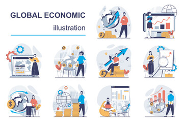 Global economic concept with character situations mega set. Bundle of scenes people analyzing worldwide market trends, making presentation, planning strategy. Vector illustrations in flat web design