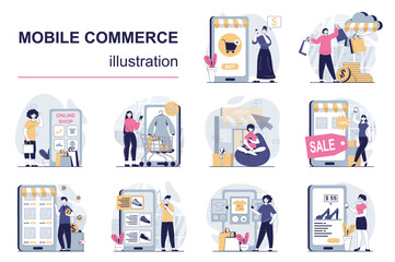 Mobile commerce concept with character situations mega set. Bundle of scenes people shopping and making internet payment using credit cards in application. Vector illustrations in flat web design
