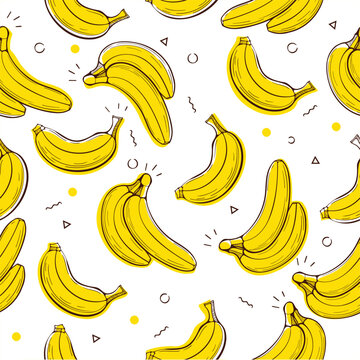 Vector seamless pattern. Bright summer pattern with hand drawn yellow bananas on white background. 