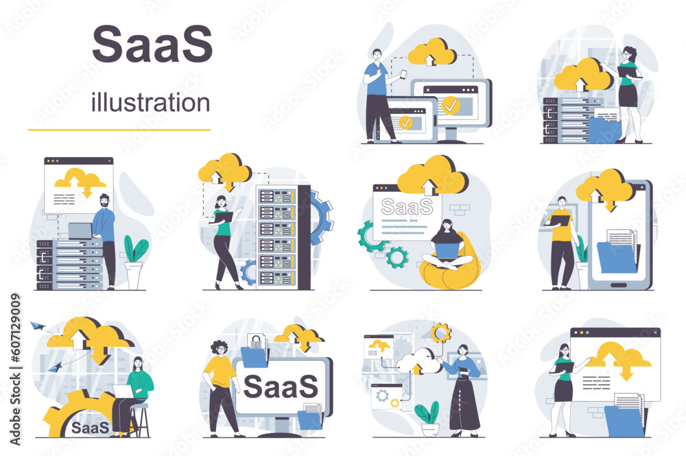 Fototapete saas concept with character situations mega set. bundle of scenes people using cloud processing or s