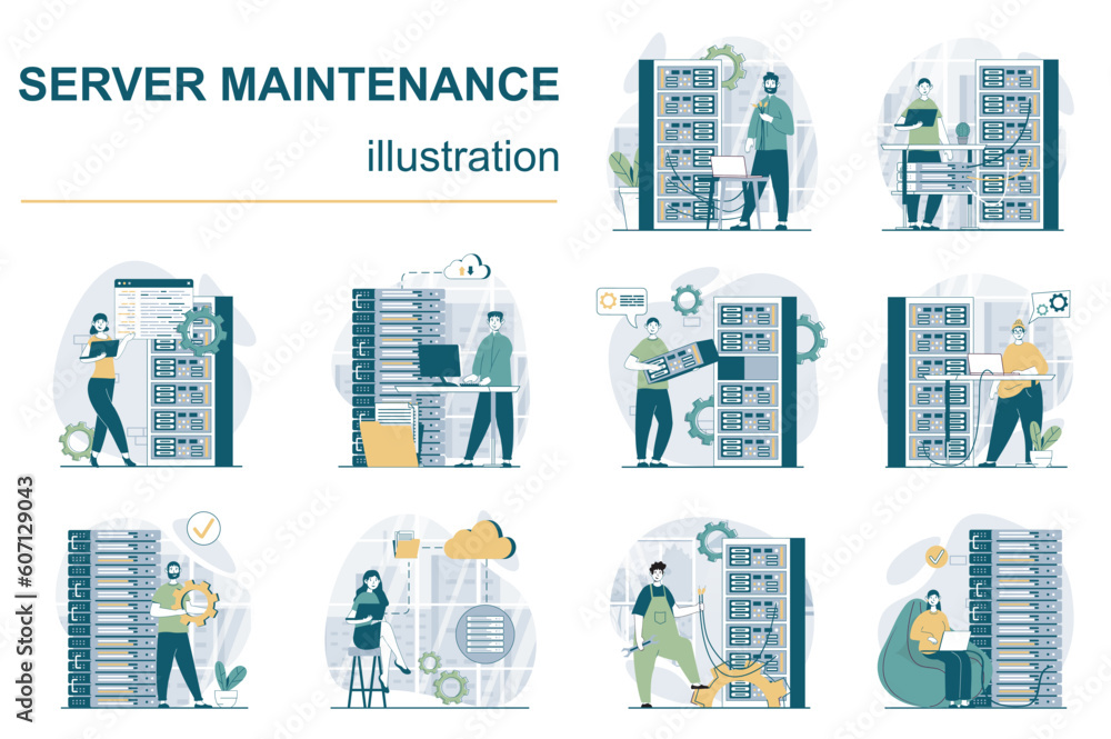 Poster server maintenance concept with character situations mega set. bundle of scenes people working with 