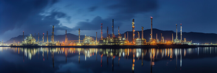 Fototapeta na wymiar Industrial Oil and Gas Refinery Complex: Petrochemical Plant Twilight Aerial View. Engineering Technology Pipeline Infrastructure. Night Industrial Factory Construction for Power Energy. generative ai
