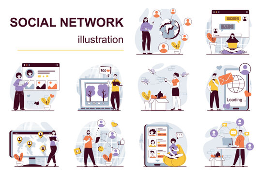 Social network concept with character situations mega set. Bundle of scenes people surfing in social media, chatting with friends, posting photo, sharing links. Vector illustrations in flat web design