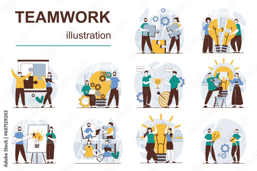 Poster teamwork concept with character situations mega set. bundle of scenes people working together at pro