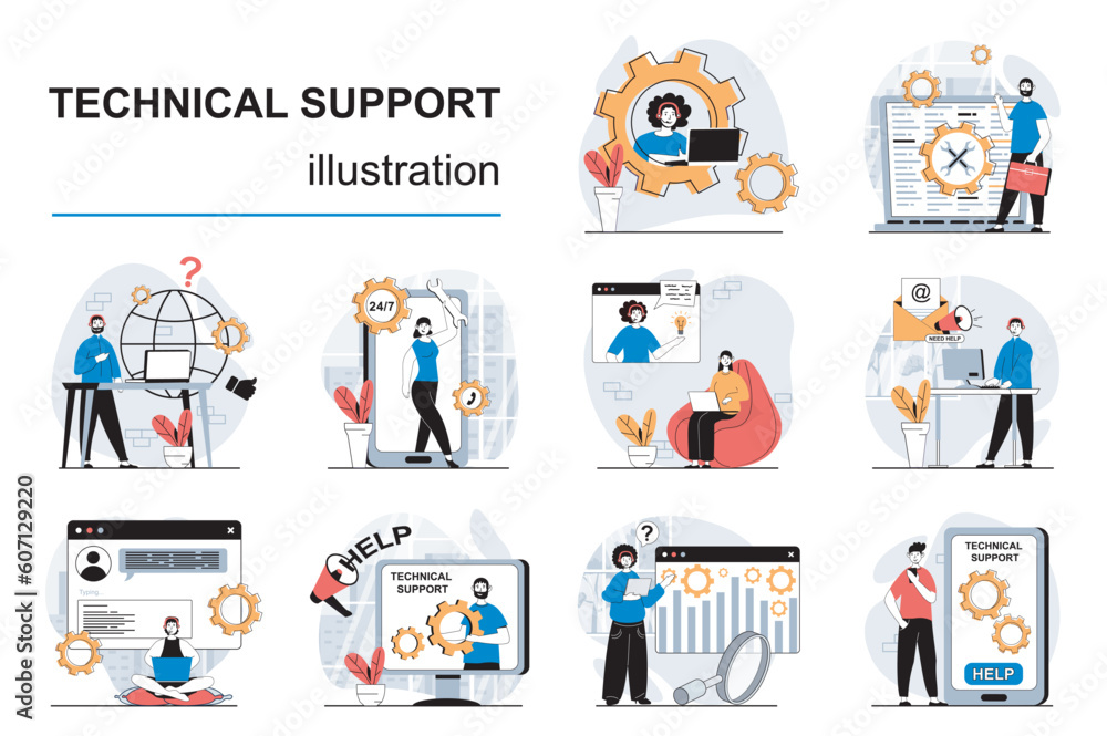 Aufkleber Technical support concept with character situations mega set. Bundle of scenes people consulting and helping clients, solving tech problems, answering calls. Vector illustrations in flat web design