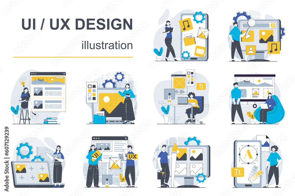 Leinwandbilder UI UX design concept with character situations mega set. Bundle of scenes people creating user interface layout for mobile phones and editing website templates. Vector illustrations in flat web design