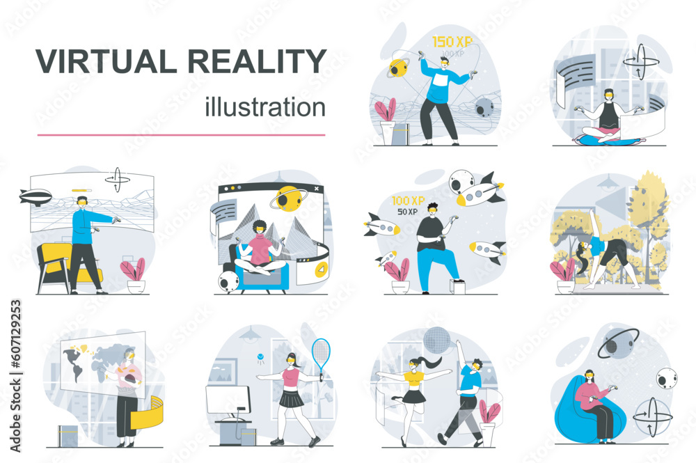 Aufkleber Virtual reality concept with character situations mega set. Bundle of scenes people in VR headset working, training, making research, learning in cyberspace. Vector illustrations in flat web design