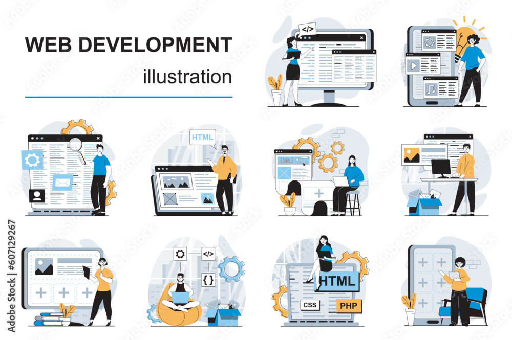 Aufkleber Web development concept with character situations mega set. Bundle of scenes people making websites layouts, placing elements and content, coding and testing. Vector illustrations in flat design