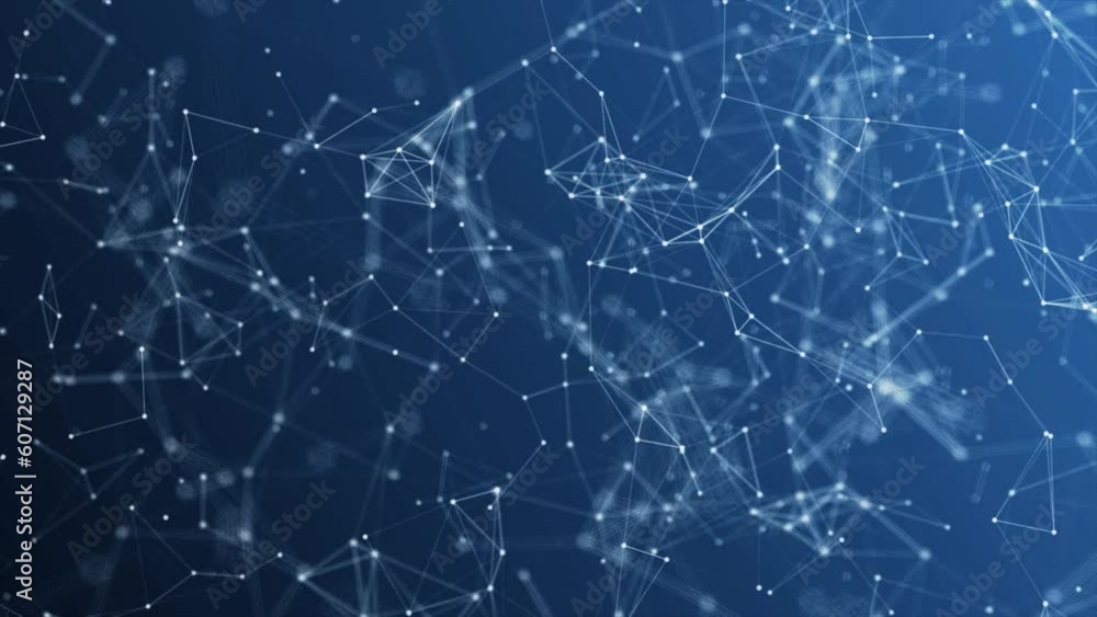 Poster dots and lines in the center blur in slow motion with a dark blue background, cybersecurity, and net